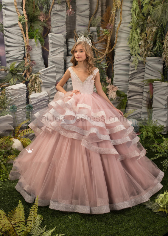 Beaded Blush Pink Ruffle Tulle Flower Girl Dress